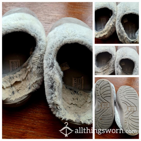Over 1 Year Old Grey Furry  Slippers.  Stinky !Well Worn.  Size 3/4 Uk