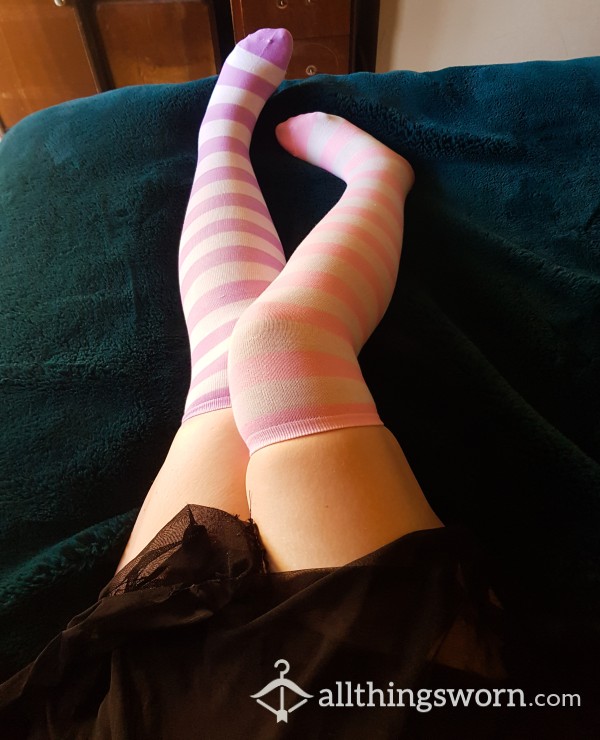 2 Day Wear Pink, Purple And White Striped Thigh High Socks