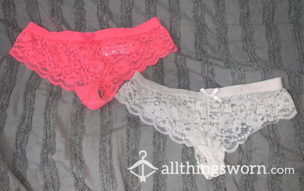 2 Pack Of Bright Pink And White Lace Thongs/clean