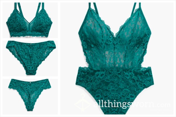 Savage X Fenty: Teal/Green Lace Bralette, High Waist Brazilian And Thong, And Teddy [Lingerie Set - 2X]