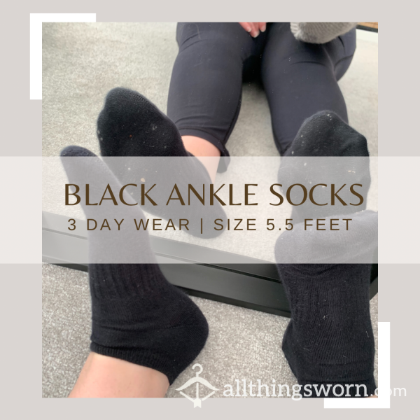 3 Day Worn, Pair Of Black Ankle Socks, Size 5.5 Feet
