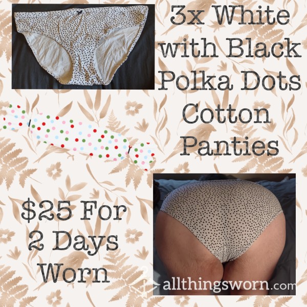 3X White Cotton Panties With Black Polka Dots