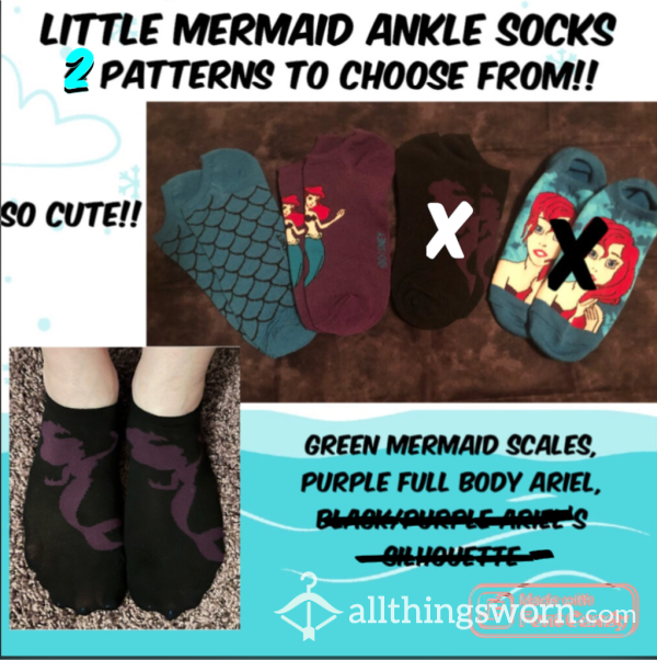 Adorable Little Mermaid Ankle Socks - Large Feet Size 11W