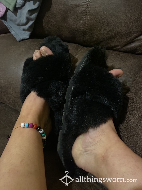 All Black Fuzzy House Slippers Hard Rubber Soles