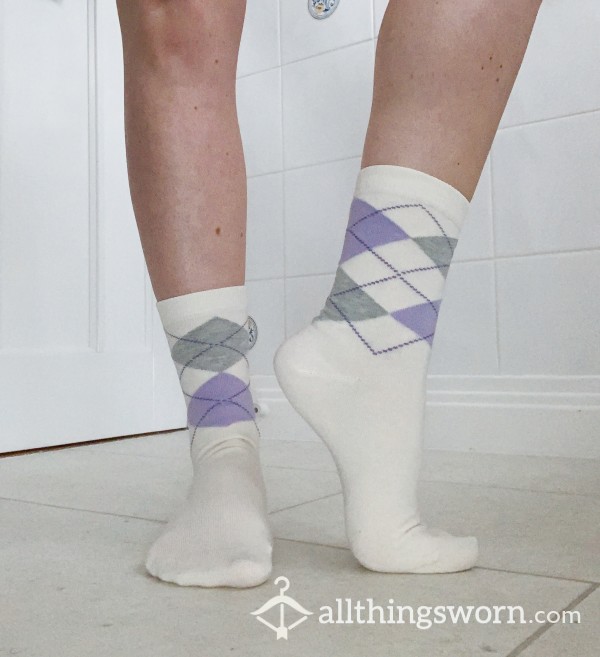 Argyle Preppy Cream & Purple Golf Socks - Super Cute - How Many Days Wear…? You Decide!