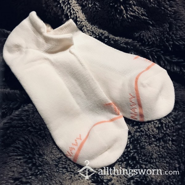 Athletic Socks - Cotton/Poly/Spandex Blend - White With Pink Lettering