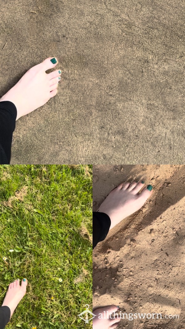 Bare Feet On Grass, Tarmac And Sand