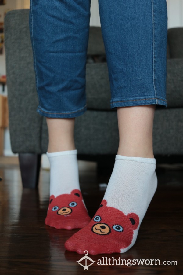 Bear White Ankle Socks