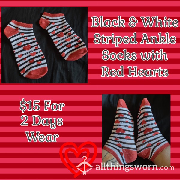 Black And White Striped Heart Ankle Socks