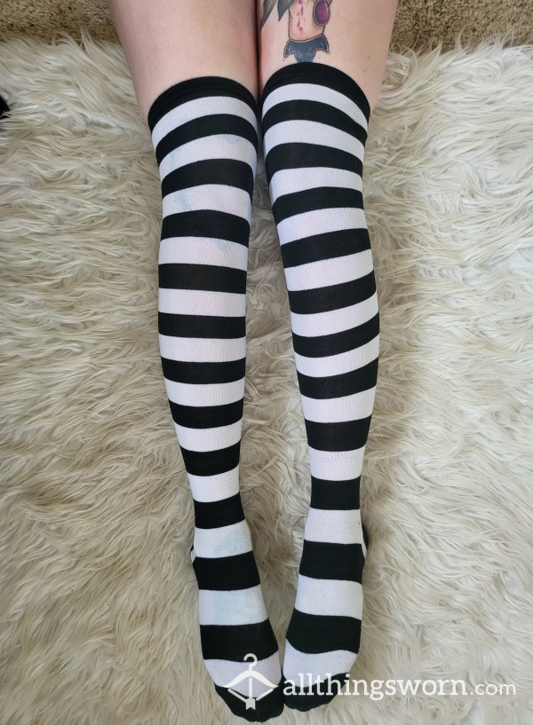 Black And White Striped Thigh High Socks 🖤