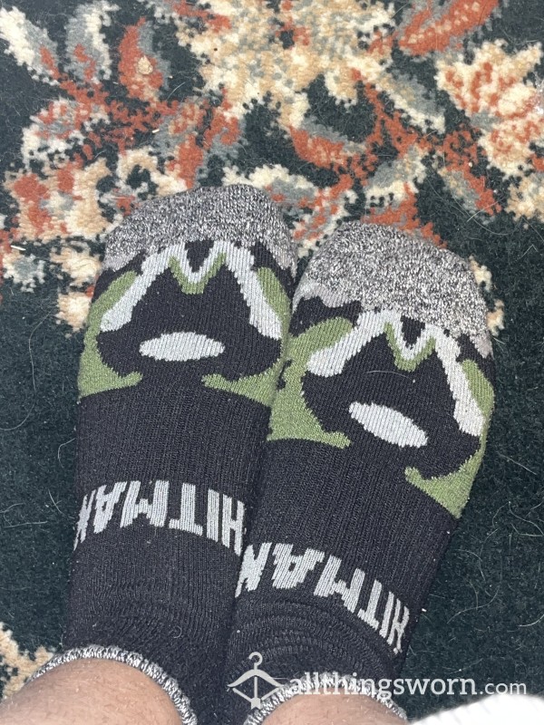 Black Crew Socks With Grey And Green Camo