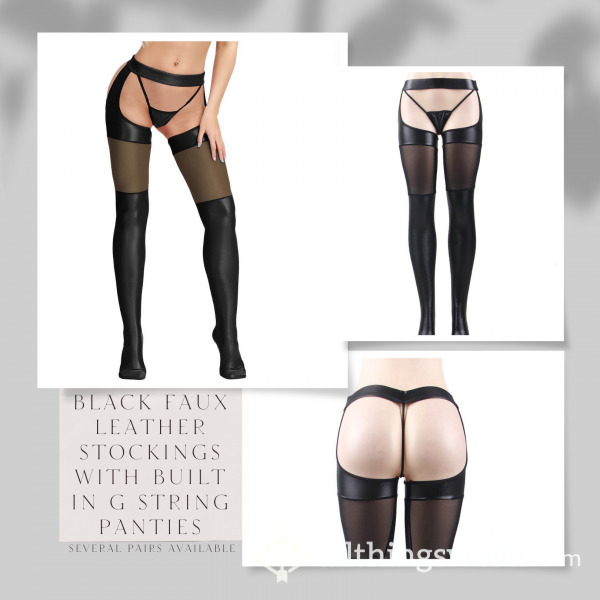 🛒🖼️☃️Black Faux Leather/polyester/Spandex Blend ☃️ Stockings With Built In G String Panty ☃️ 15 Available ☃️