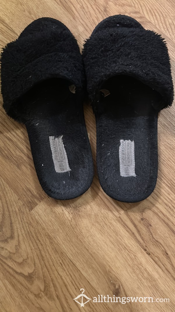 Black Fluffy Dirty Size 6 Worn Slippers
