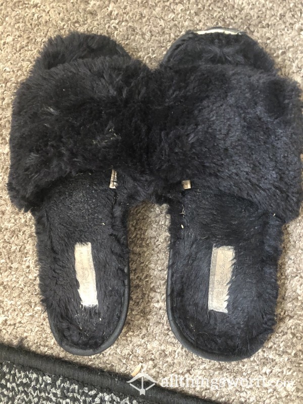 Black Fluffy Sliders, Worn For Outdoor Use.