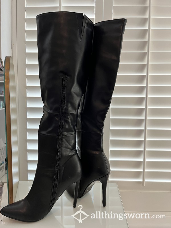 Black Knee High Stiletto Leather Boots