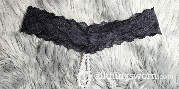 Black Lace Thong With Pearls