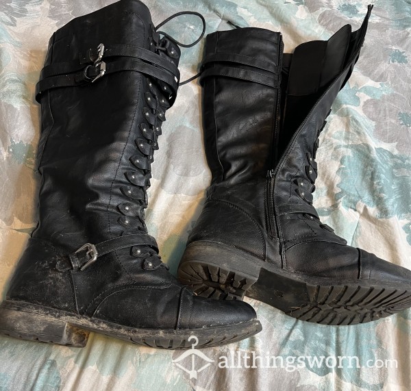 Black, Lace Up, Strappy Buckle, Knee High Combat Boot