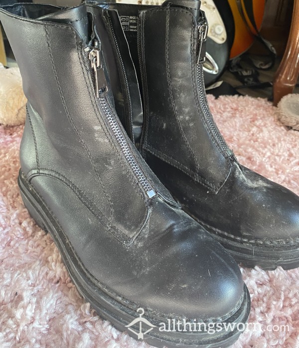 🖤 Black Leather Zip Boots ♡ + Photo-Set ♡ Size 5 UK