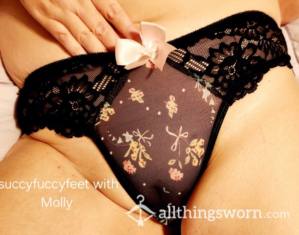 Black Mesh Flowered Panties - Pink Bows Front And Back