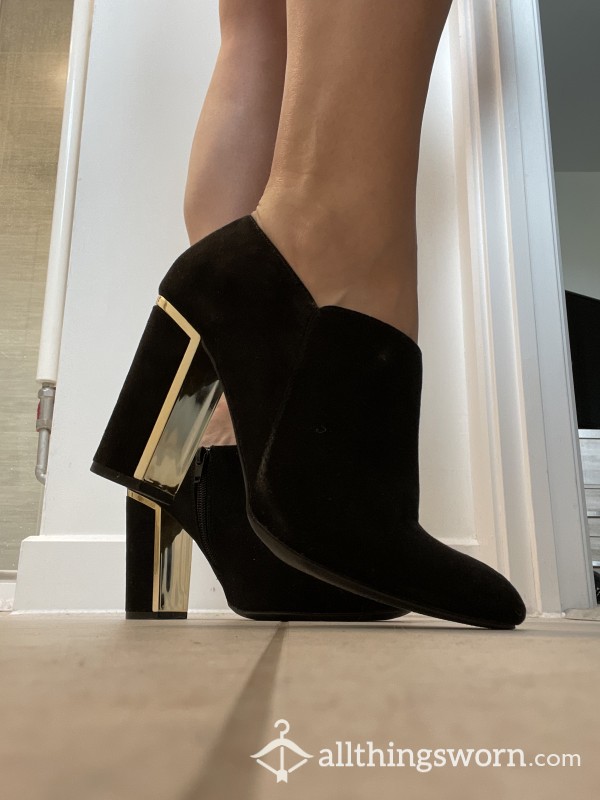 Black Shoe Boot With Gold Trim Heel