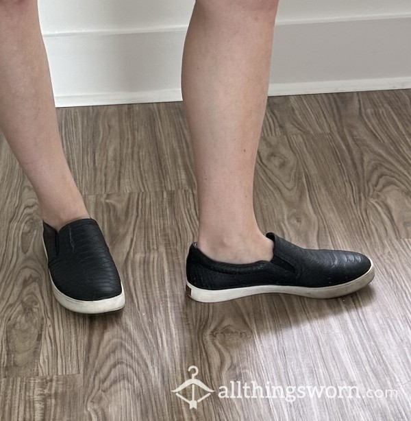 Black Slip Ons (Size 8), Everyday Wear, Worn By Blonde With Slender Feet