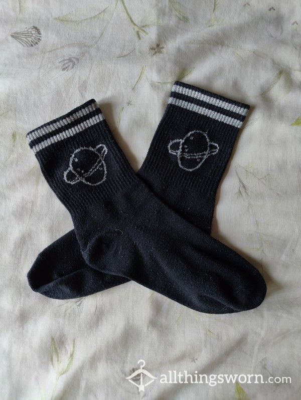 Black Socks With Silver Glitter Planet And Stripe Design