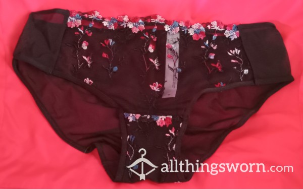 Black Sophia Intimates See-through Panties,  With Embroidered Flowers.   Size XS.