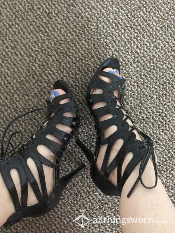 Black Strap And Lace Up High Heels