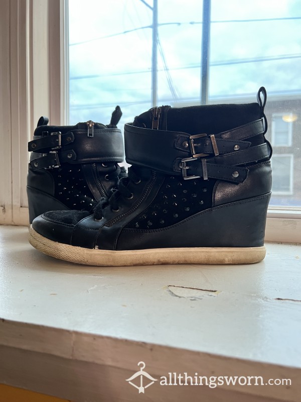 Black Studded Wedged Ankle Sneaker Boots