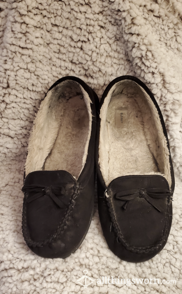 Black Suede Slippers - VERY Well Loved And Worn - Super Sweaty & Dirty - Size 9