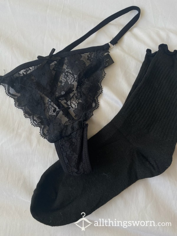 Black Thong And Sock Set 🖤