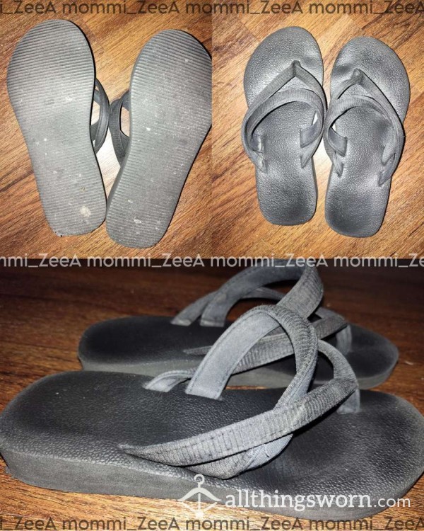 Black Thong Flip Flops House Shoes Daily Wear • Very Worn Out • Owned For 2-3 Years • Size 7 Women