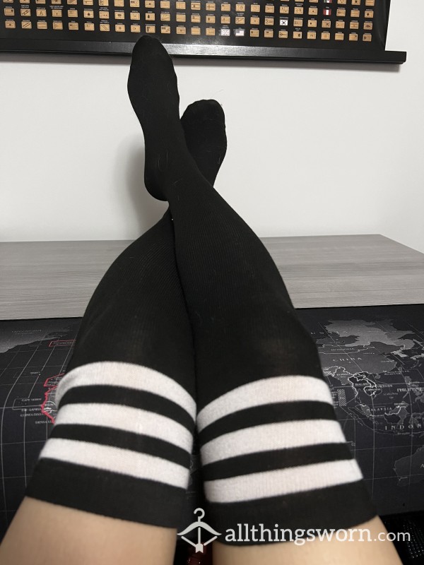 Black With Triple White Stripes Thigh High Socks