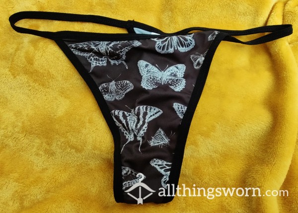 Black With White Butterflies, Thong Panty,