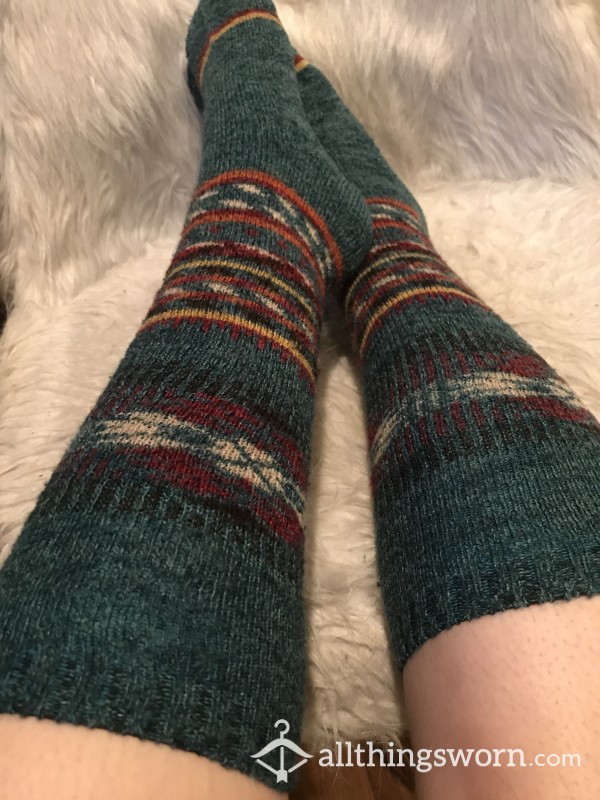 Blue Long Wool Socks With Design