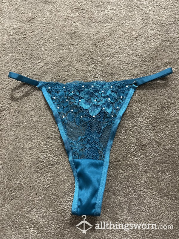 Blue Silky Lacey Thong With Diamonds