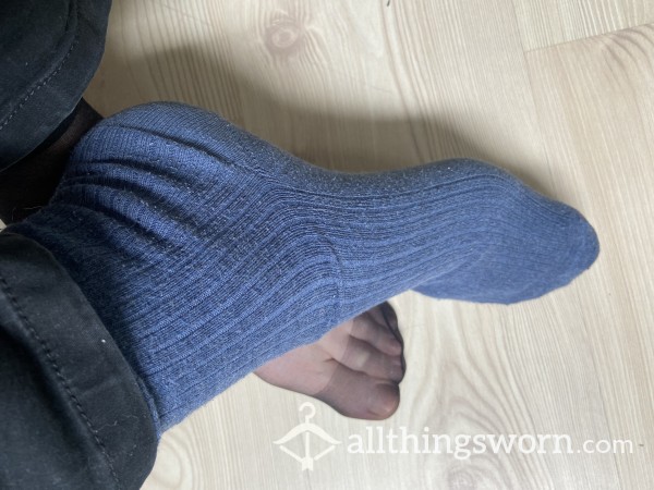 Blue Thin Socks With Black Nylons Underneath.