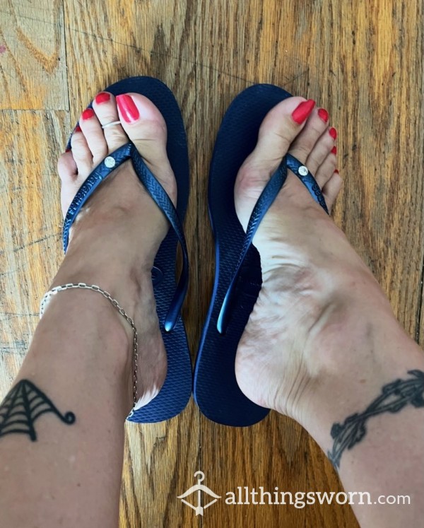 Blue Worn Havaianas Flip Flops, Milf Worn, Size 9/10