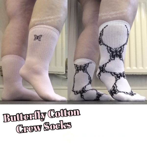 Butterfly Cotton Crew Socks Size UK 4-8 🦋 Pink/Black + White/Black 🦋 48 Hour Wear Included 🦋 More Days + Extra Sweat Available