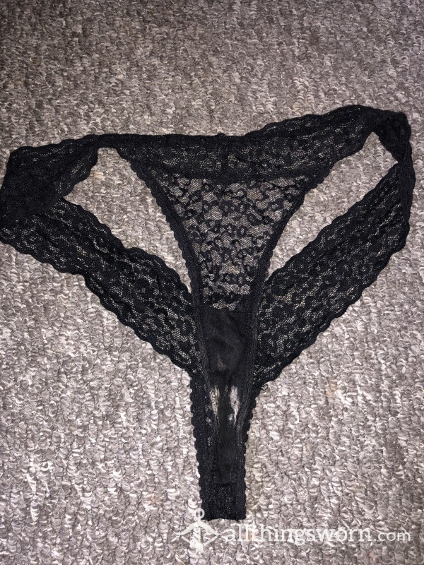 C*m Soaked/stained Black Lacy Thong