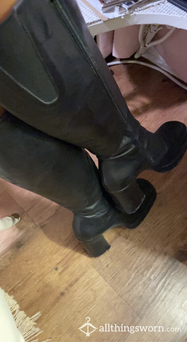 Well Worn Stacked Chunky Heeled Square Toed Leather Calf High Boots
