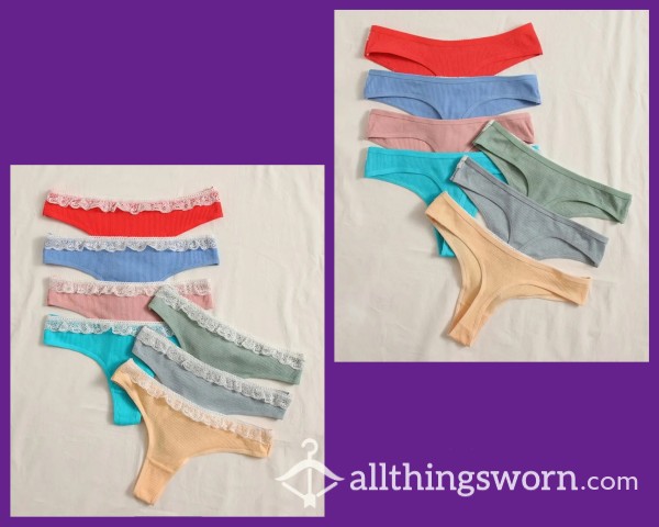 Cotton Coloured Thongs With White Lace Trim, 48 Hours Wear.