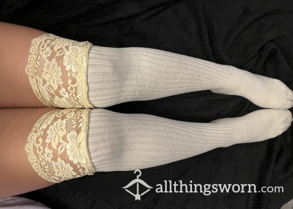 Cream Confetti Thigh High Socks/ Well Worn Socks/Size 10 Feet