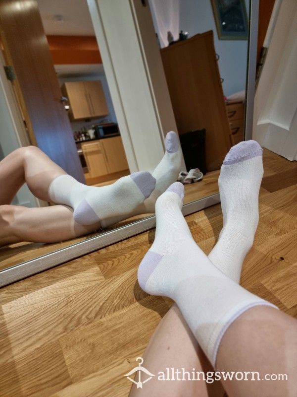 🤍💜 White And Purple Cotton Crew Socks | Cheesy Vinegary Scent | 3 Day Wear | 12hr Shifts | Free UK P&P 🇬🇧 | Add-ons Available