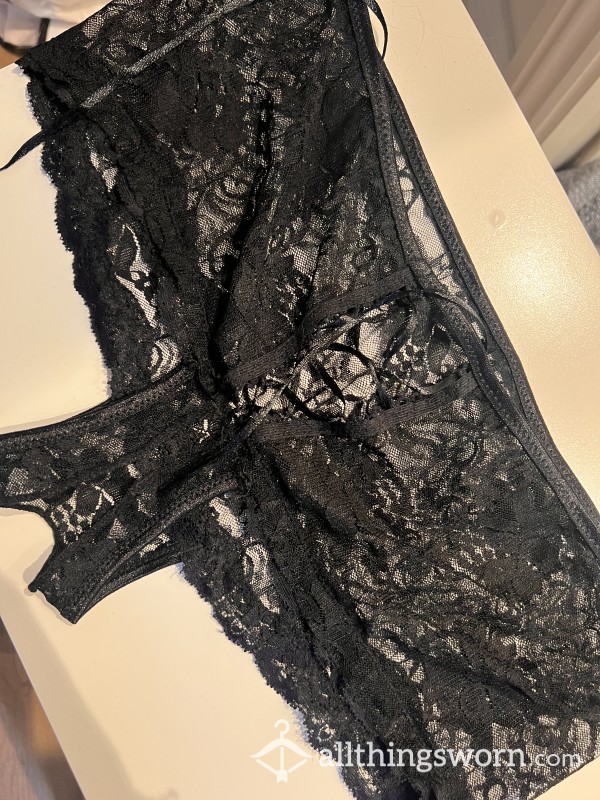 Crotchless Lace Panties Covered In Mine And Alphas Cum 💧