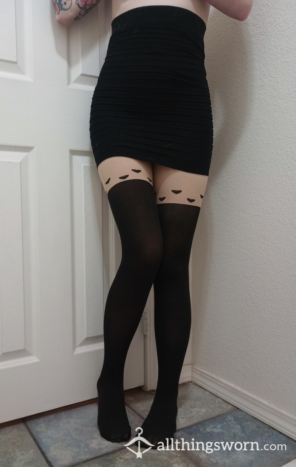 Cute Black Thigh High Pantyhose With Hearts