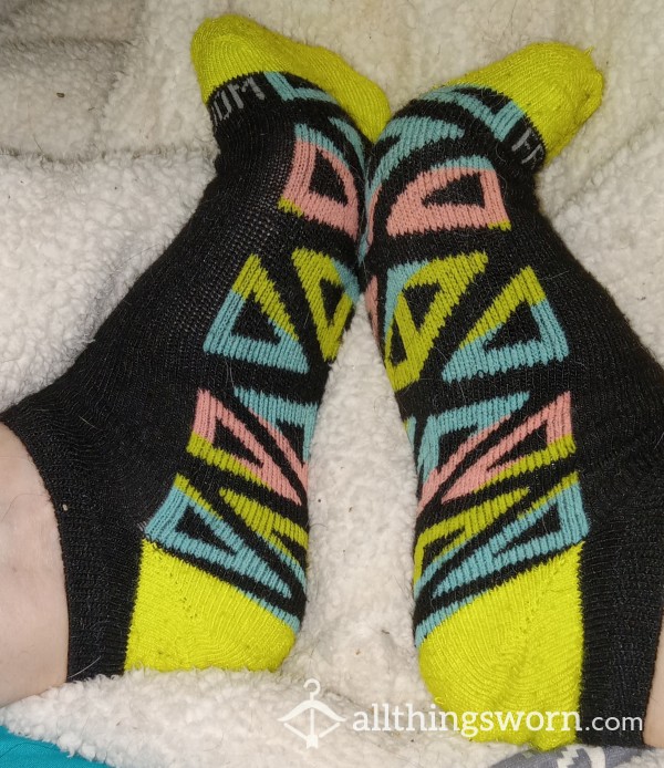 Cute Pattern FOTL Ladies Ankle Socks.  Black, Yellow, Peach And Turquoise.   Other Colors Available!  2 Days Of Wear Included.