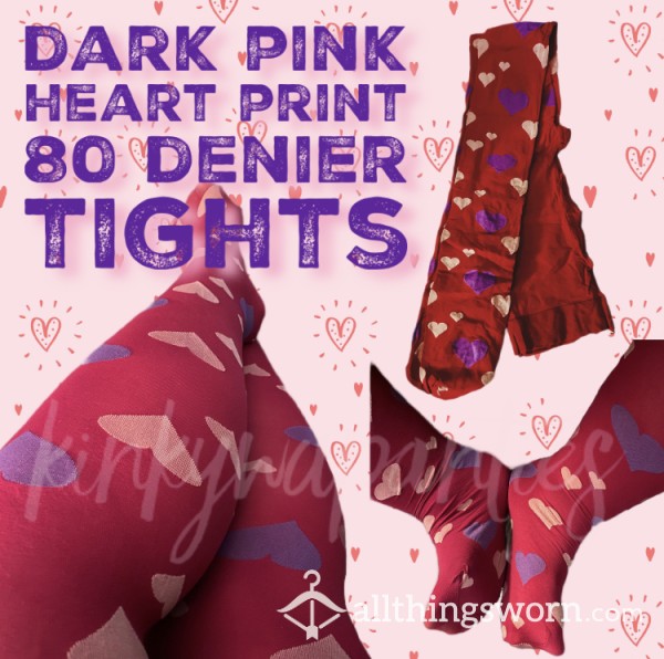 Dark Pink Heart Print 80 Denier Tights - 2-day Wear & U.S. Shipping Included