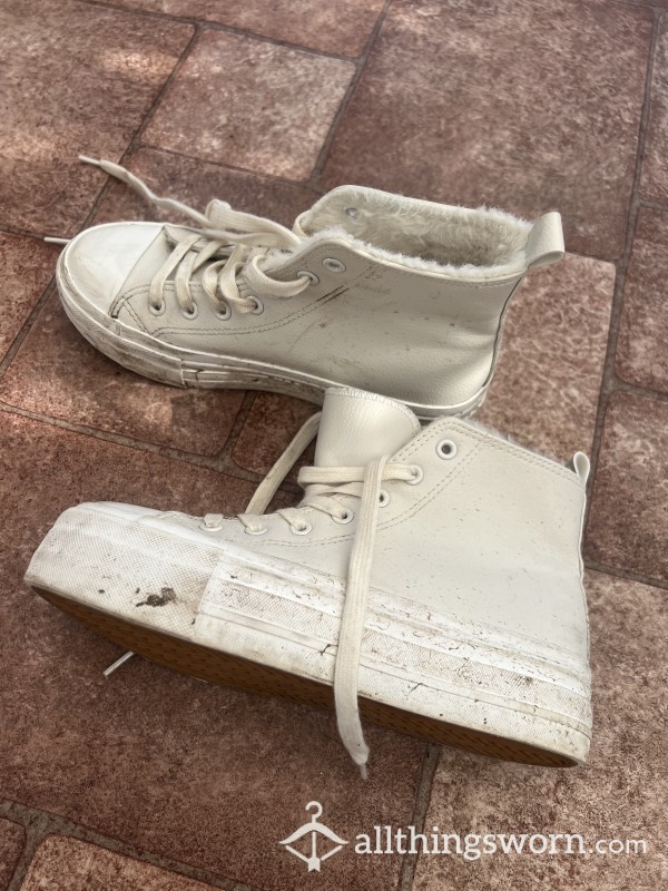 Dirty White Platform High Top Converse With Fluffy Interior
