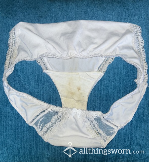 Discharge Covered White Lace Panties